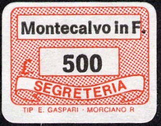 Marca da Bollo del Comune di MONTECALVO IN FOGLIA su Carta Bianca di dimensioni 19 x 14 mm