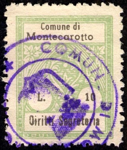 Marca da Bollo del Comune di MONTECAROTTO su Carta Bianca di dimensioni 21,5 x 27,5 mm