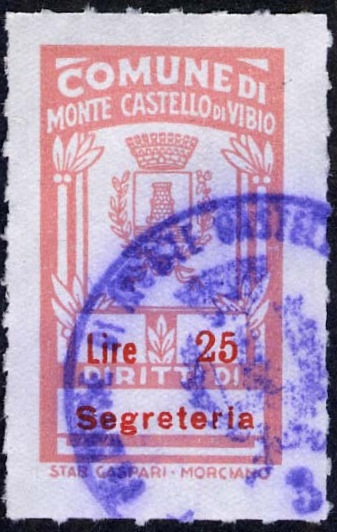 Marca da Bollo del Comune di MONTE CASTELLO DI VIBIO su Carta Bianca di dimensioni 16,5 x 29,5 mm