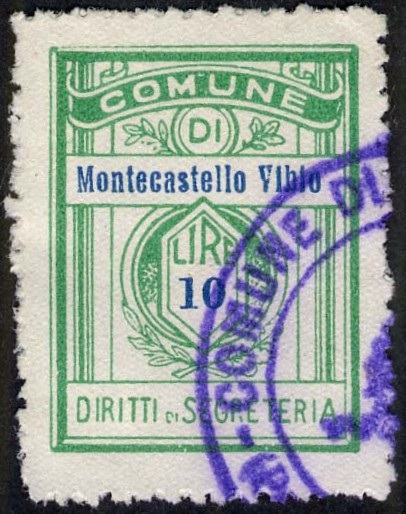 Marca da Bollo del Comune di MONTE CASTELLO DI VIBIO su Carta Bianca di dimensioni 21 x 28 mm