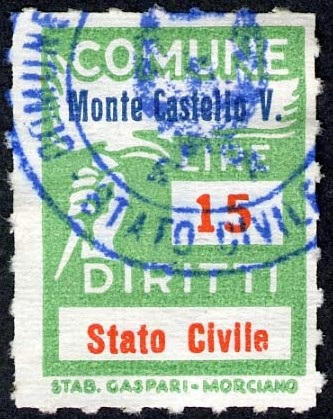 Marca da Bollo del Comune di MONTE CASTELLO DI VIBIO su Carta Bianca Sottile di dimensioni 18,5 x 26 mm