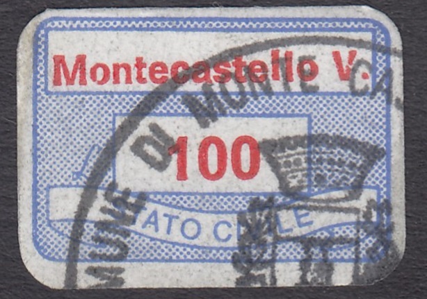 Marca da Bollo del Comune di MONTE CASTELLO DI VIBIO su Carta Bianca di dimensioni 20 x 14 mm