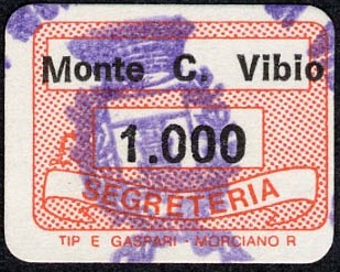 Marca da Bollo del Comune di MONTE CASTELLO DI VIBIO su Carta Bianca di dimensioni 20 x 14 mm