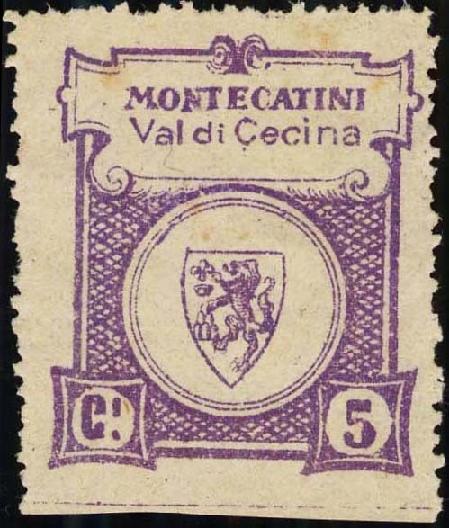 Marca da Bollo del Comune di MONTECATINI VAL DI CECINA su Carta Bianca di dimensioni 28 x 33 mm