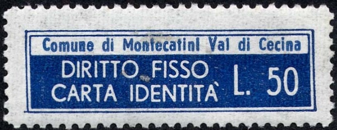 Marca da Bollo del Comune di MONTECATINI VAL DI CECINA su Carta Bianca di dimensioni 35 x 12 mm