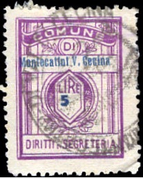 Marca da Bollo del Comune di MONTECATINI VAL DI CECINA su Carta Bianca di dimensioni 21,5 x 28,5 mm