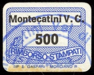 Marca da Bollo del Comune di MONTECATINI VAL DI CECINA su Carta Bianca di dimensioni 20 x 14 mm