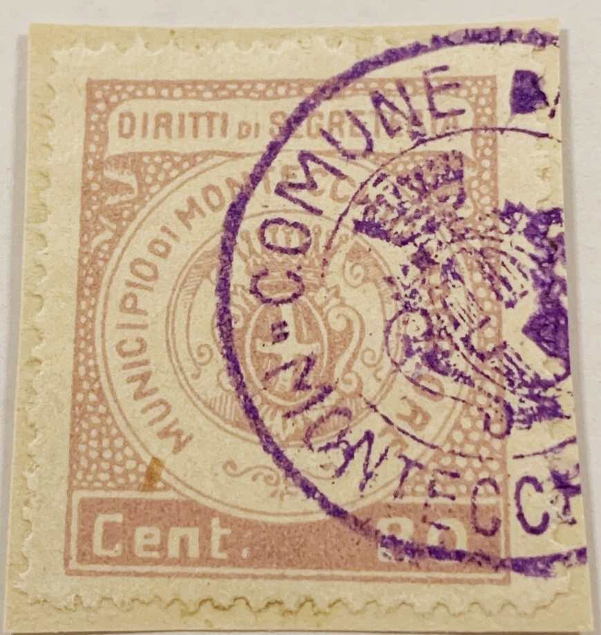Marca da Bollo del Comune di MONTECCHIO su Carta Bianca di dimensioni 22 x 28 mm