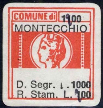 Marca da Bollo del Comune di MONTECCHIO su Carta Bianca di dimensioni 19 x 21 mm