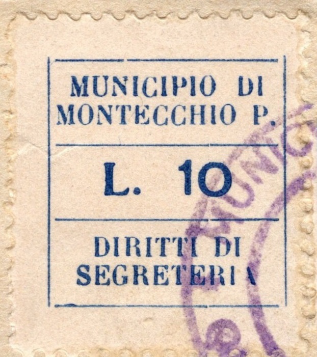 Marca da Bollo del Comune di MONTECCHIO PRECALCINO su Carta Bianca Sottile di dimensioni 22 x 22 mm