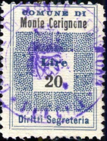 Marca da Bollo del Comune di MONTE CERIGNONE su Carta Bianca di dimensioni 19,5 x 28,5 mm