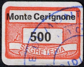 Marca da Bollo del Comune di MONTE CERIGNONE su Carta Bianca di dimensioni 19 x 13,5 mm