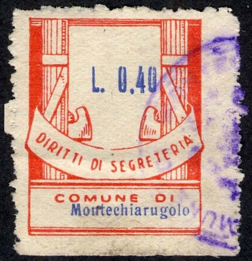 Marca da Bollo del Comune di MONTECHIARUGOLO su Carta Bianca di dimensioni 23 x 29 mm