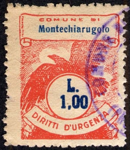 Marca da Bollo del Comune di MONTECHIARUGOLO su Carta Bianca di dimensioni 22,5 x 28 mm