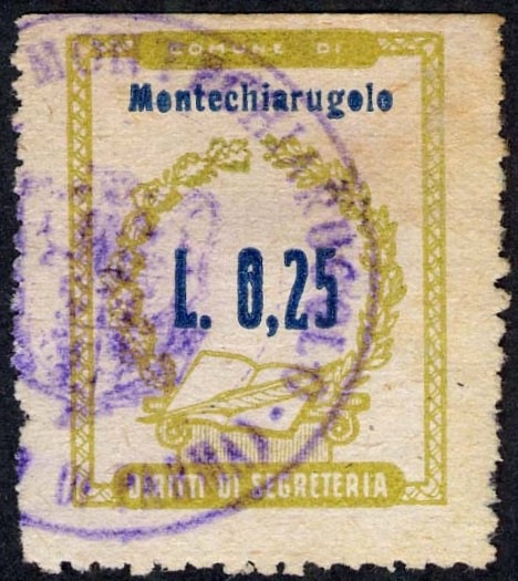 Marca da Bollo del Comune di MONTECHIARUGOLO su Carta Bianca di dimensioni 20,5 x 26,5 mm