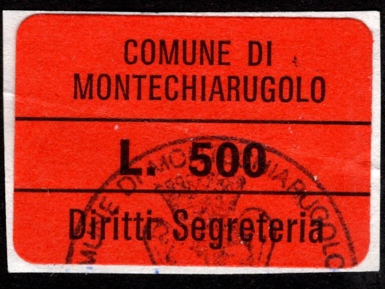 Marca da Bollo del Comune di MONTECHIARUGOLO su Carta Arancione di dimensioni 30 x 17 mm