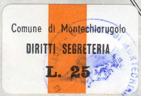 Marca da Bollo del Comune di MONTECHIARUGOLO su Carta Bianca di dimensioni 30 x 17 mm