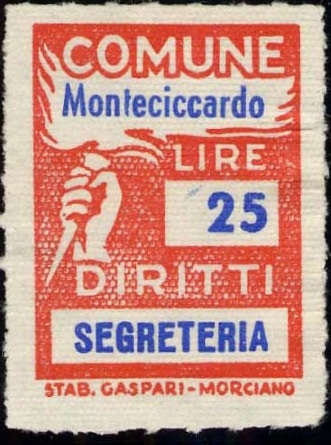 Marca da Bollo del Comune di MONTECICCARDO su Carta Bianca di dimensioni 18 X 25,5 mm