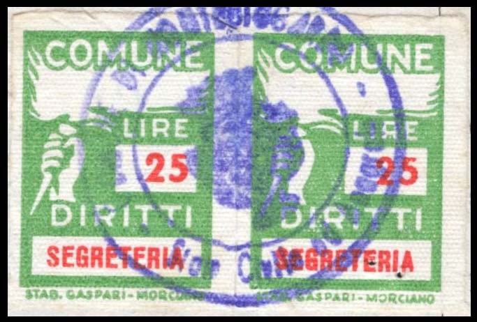 Marca da Bollo del Comune di MONTECICCARDO su Carta Bianca di dimensioni 18 X 25,5 mm