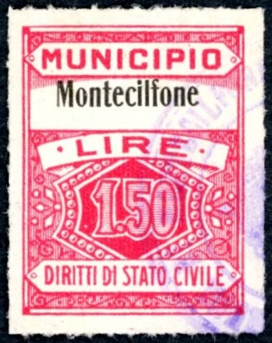 Marca da Bollo del Comune di MONTECILFONE su Carta Bianca di dimensioni 22,5 x 29 mm