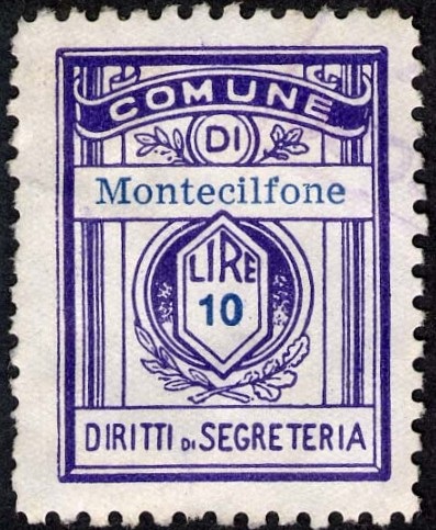 Marca da Bollo del Comune di MONTECILFONE su Carta Bianca di dimensioni 21,5 x 28,5 mm