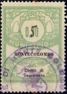 Marca da Bollo del Comune di MONTE COLOMBO su Carta Bianca di dimensioni 22 x 28,5 mm