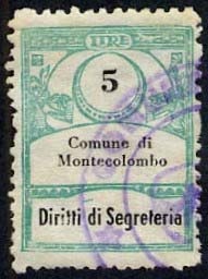 Marca da Bollo del Comune di MONTE COLOMBO su Carta Bianca Sottile di dimensioni 22,5 x 29 mm