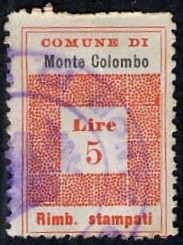 Marca da Bollo del Comune di MONTE COLOMBO su Carta Bianca di dimensioni 19,5 x 28,5 mm
