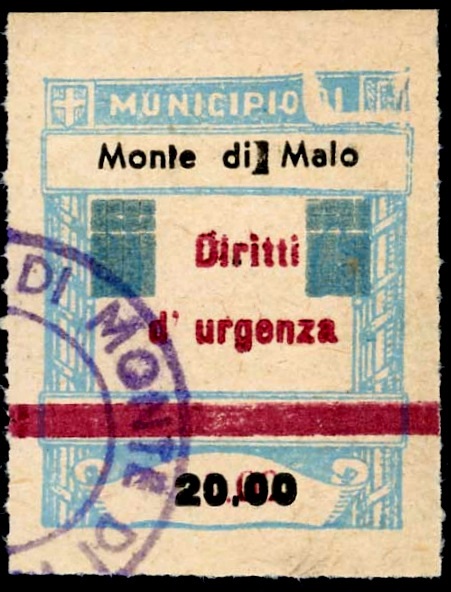 Marca da Bollo del Comune di MONTE DI MALO su Carta Bianca di dimensioni 25 x 30,5 mm