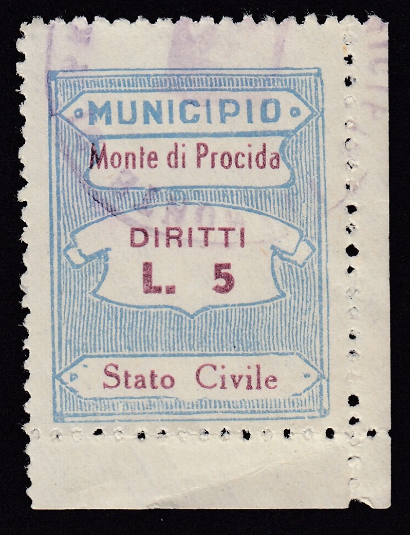Marca da Bollo del Comune di MONTE DI PROCIDA su Carta Bianca Sottile di dimensioni 22,5 x 28,5 mm