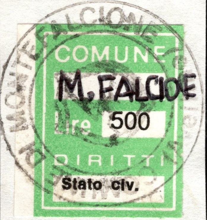 Marca da Bollo del Comune di MONTEFALCIONE su Carta Bianca di dimensioni 21 X 27 mm