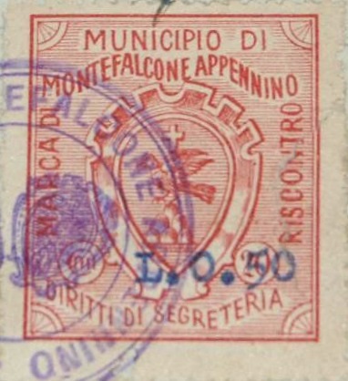 Marca da Bollo del Comune di MONTEFALCONE APPENNINO su Carta Bianca Sottile di dimensioni 22 x 26 mm