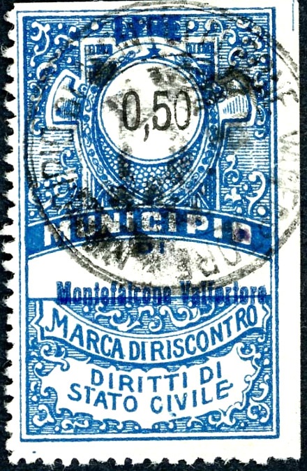 Marca da Bollo del Comune di MONTEFALCONE DI VAL FORTORE su Carta Bianca di dimensioni 26 x 43,5 mm
