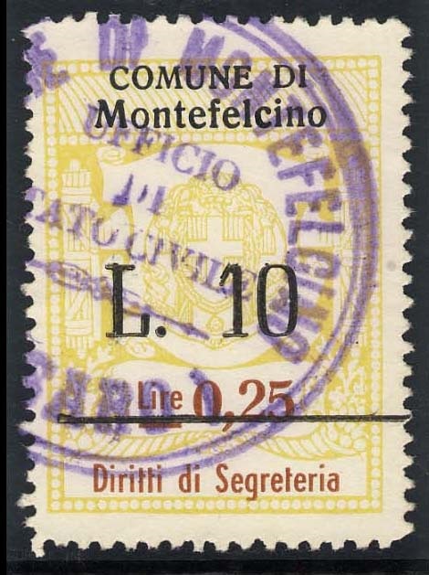 Marca da Bollo del Comune di MONTEFELCINO su Carta Bianca di dimensioni 28,5 x 36 mm