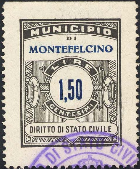 Marca da Bollo del Comune di MONTEFELCINO su Carta Bianca di dimensioni 24 x 30 mm