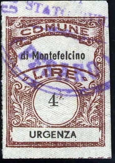 Marca da Bollo del Comune di MONTEFELCINO su Carta Bianca di dimensioni 22,5 x 29 mm