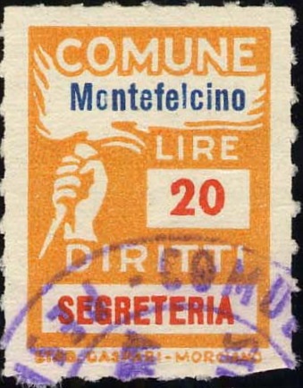 Marca da Bollo del Comune di MONTEFELCINO su Carta Bianca Sottile di dimensioni 18,5 x 26 mm