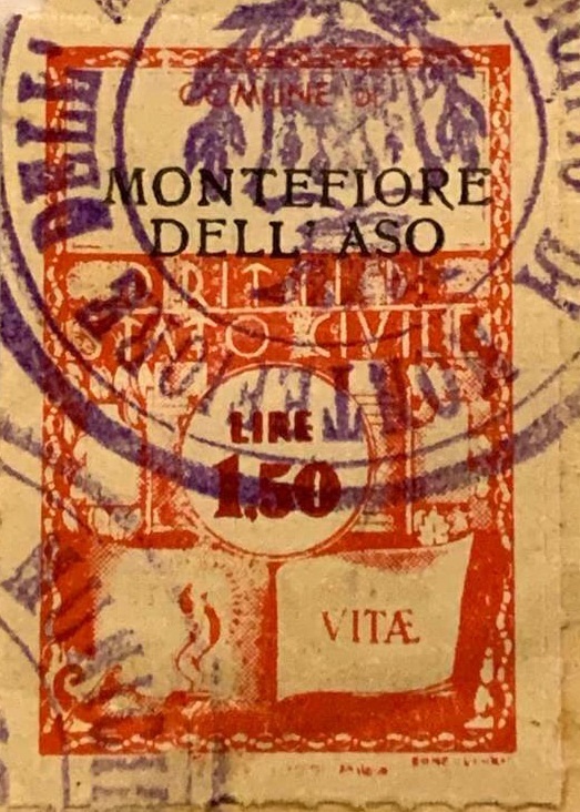 Marca da Bollo del Comune di MONTEFIORE DELL´ASO su Carta Bianca di dimensioni mm