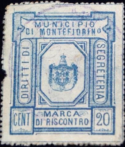 Marca da Bollo del Comune di MONTEFIORINO su Carta Bianca di dimensioni 18 X 25,5 mm
