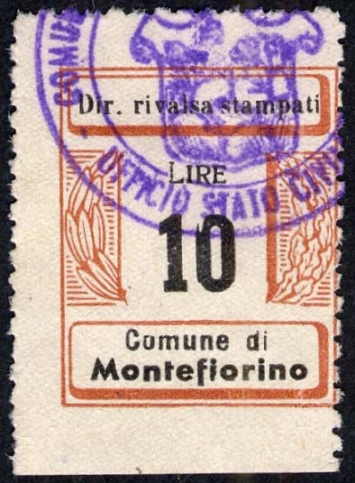 Marca da Bollo del Comune di MONTEFIORINO su Carta Bianca di dimensioni 21 x 26 mm