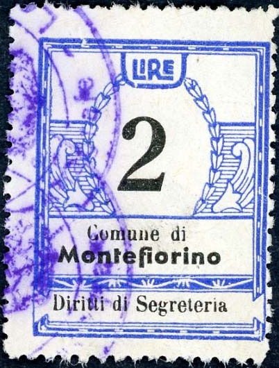 Marca da Bollo del Comune di MONTEFIORINO su Carta Bianca Sottile di dimensioni 23 X 30 mm