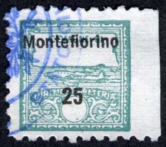 Marca da Bollo del Comune di MONTEFIORINO su Carta Bianca di dimensioni 14,5 x 14,5 mm