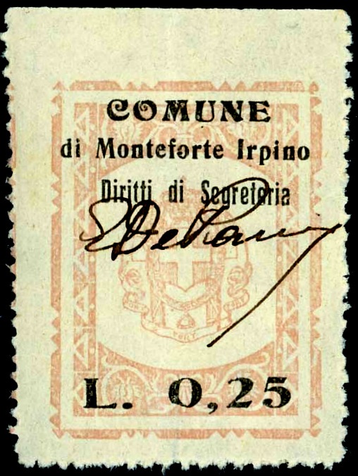 Marca da Bollo del Comune di MONTEFORTE IRPINO su Carta Bianca di dimensioni 26 x 35 mm