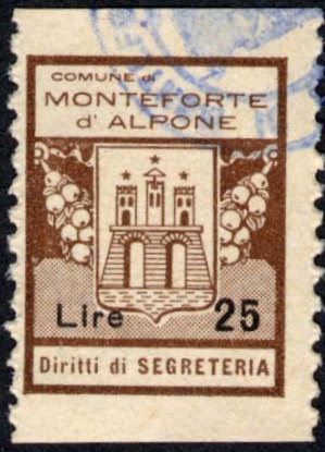 Marca da Bollo del Comune di MONTEFORTE D´ALPONE su Carta Bianca Sottile di dimensioni 16 x 21 mm