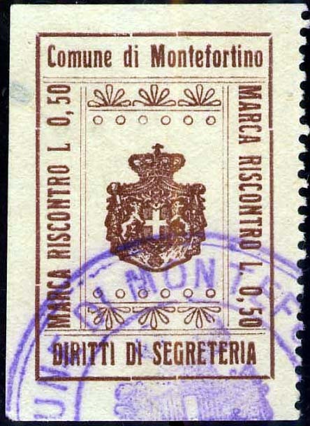 Marca da Bollo del Comune di MONTEFORTINO su Carta Bianca Sottile di dimensioni 24 x 35 mm