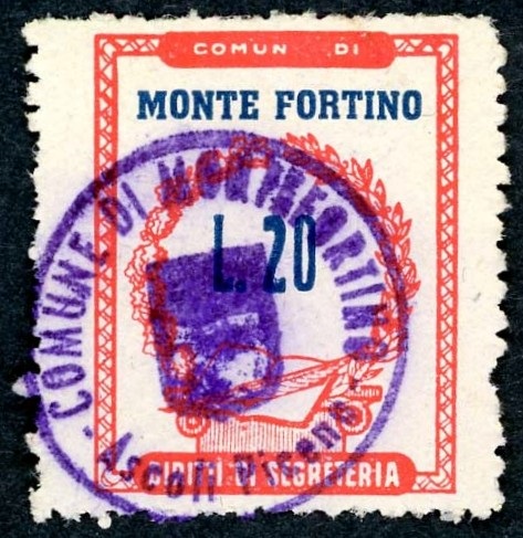 Marca da Bollo del Comune di MONTEFORTINO su Carta Bianca di dimensioni 20 x 26,5 mm