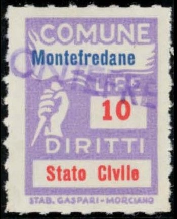 Marca da Bollo del Comune di MONTEFREDANE su Carta Bianca di dimensioni 18 X 25,5 mm