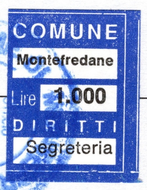 Marca da Bollo del Comune di MONTEFREDANE su Carta Bianca di dimensioni 21 x 26,5 mm