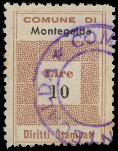Marca da Bollo del Comune di MONTEGALDA su Carta Bianca Sottile di dimensioni 19,5 x 30 mm
