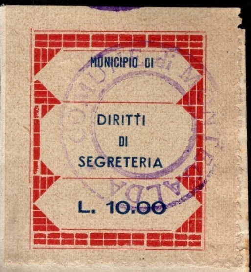 Marca da Bollo del Comune di MONTEGALDA su Carta Bianca Sottile di dimensioni 23 x 27 mm